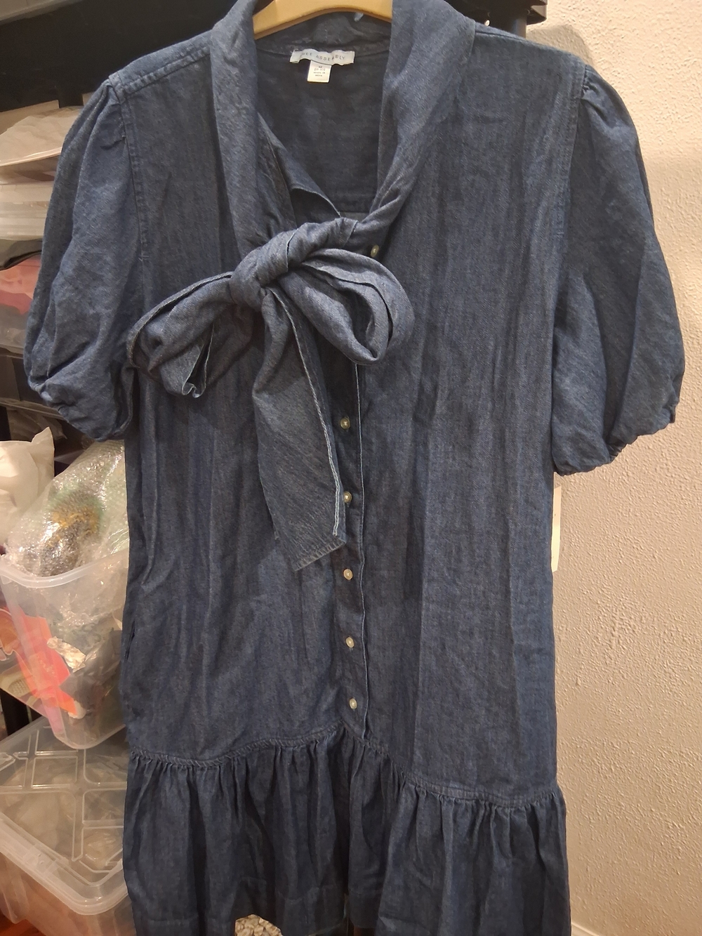 Denim Tie-Neck Button-Front Dress Top - Blue New